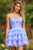 Load image into Gallery viewer, Lilac A Line Chiffon Tiered Strapless Short Homecoming Dress with Keyhole