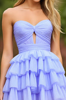 Load image into Gallery viewer, Lilac A Line Chiffon Tiered Strapless Short Homecoming Dress with Keyhole