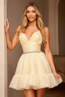 Load image into Gallery viewer, Sparkly Yellow A Line Ruffled Short Homecoming Dress with Beading