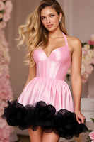 Load image into Gallery viewer, Pink Satin A Line Halter Short Corset Homecoming Dress with Ruffles