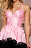 Load image into Gallery viewer, Pink Satin A Line Halter Short Corset Homecoming Dress with Ruffles