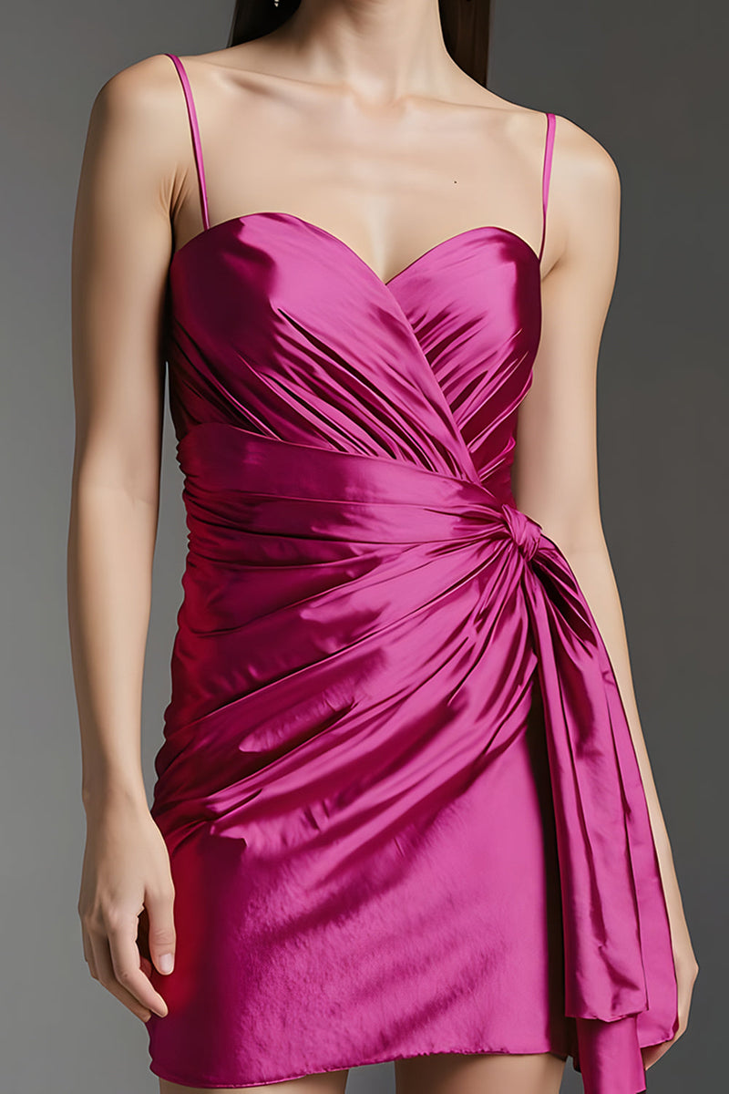 Load image into Gallery viewer, Fuchsia Tight Ruched Short Homecoming Dress with Side Cape