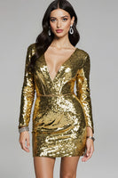 Load image into Gallery viewer, Sparkly Golden Sequin Tight V-Neck Short Homecoming Dress with Sleeves