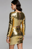Load image into Gallery viewer, Sparkly Golden Sequin Tight V-Neck Short Homecoming Dress with Sleeves
