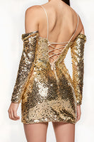 Load image into Gallery viewer, Sparkly Golden Sequin Tight Cold Shoulder Short Homecoming Dress with Sleeves