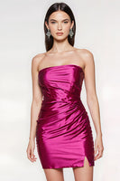 Load image into Gallery viewer, Fuchsia Tight Satin Strapless Short Homecoming Dress with Slit