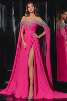 Load image into Gallery viewer, Sparkly Fuchsia Chiffon A Line Off the Shoulder Long Pageant Dress with Slit