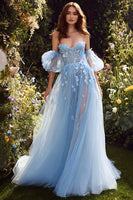 Load image into Gallery viewer, Floral Light Blue Off the Shoulder A Line Tulle Long Prom Dress