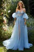 Load image into Gallery viewer, Floral Light Blue A Line Tulle Off the Shoulder Long Prom Dress
