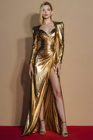 Load image into Gallery viewer, Glitter Golden Metallic Ruched Long Sleeves Gala Dress with Slit