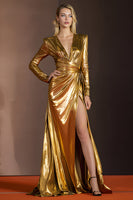 Load image into Gallery viewer, Glitter Golden Metallic V-Neck Ruched Long Sleeves Gala Dress with Slit