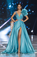 Load image into Gallery viewer, Sparkly Blue Satin A Line V-Neck Long Pageant Dress with 3D Flower