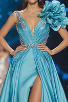 Load image into Gallery viewer, Sparkly Blue Satin A Line V-Neck Long Pageant Dress with 3D Flower