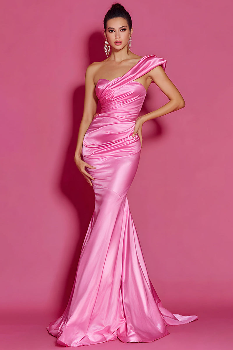 Load image into Gallery viewer, Hot Pink Mermaid Satin One Shoulder Ruched Long Pageant Dress