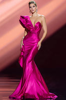 Load image into Gallery viewer, Fuchsia Mermaid Satin One Shoulder Long Pageant Dress with Ruffles