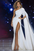 Load image into Gallery viewer, Sparkly White Satin Cut Out Beaded One Shoulder Long Pageant Dress with Slit