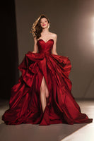 Load image into Gallery viewer, Dark Red A Line Satin Ruffled Sweetheart Ball Gown Long Pageant Dress with Slit