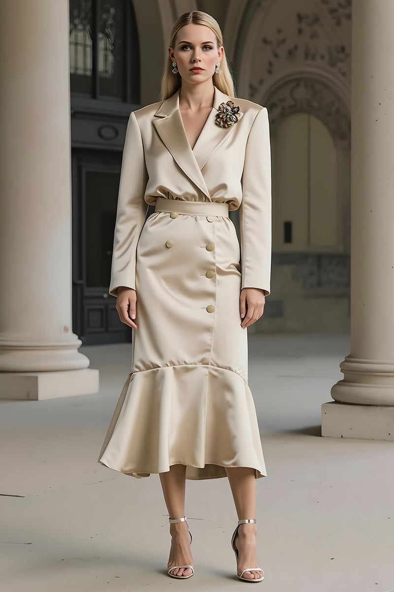 Load image into Gallery viewer, Champagne Mermaid Satin Notched Lapel Midi Work Dress with 3D Flower