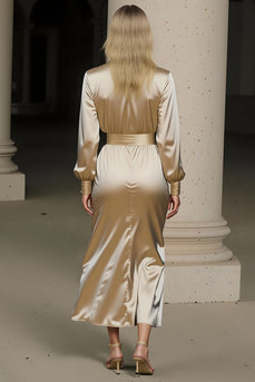 Champagne Satin Notched Lapel Long Sleeves Midi Work Dress with Slit