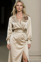 Load image into Gallery viewer, Champagne Satin Notched Lapel Long Sleeves Midi Work Dress with Slit