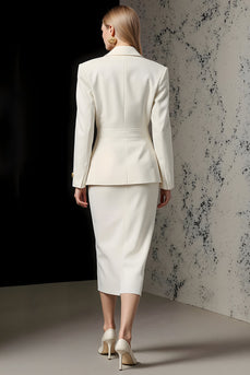 2 Piece Ivory Pencil Peak Lapel One Button Midi Business Suits