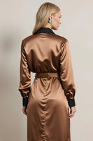 Load image into Gallery viewer, Coffee Satin Sheath Collar Neck Long Sleeves Midi Work Dress with Belt