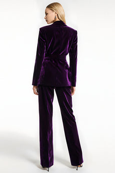2 Piece Dark Purple Velvet Peak Lapel Prom Suits with Pockets