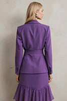 Load image into Gallery viewer, Dark Purple 2 Piece Peak Lapel Ruffled Long Sleeves Prom Suits with Sash