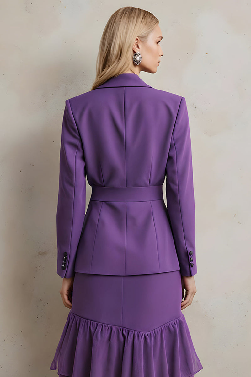 Load image into Gallery viewer, Dark Purple 2 Piece Peak Lapel Ruffled Long Sleeves Prom Suits with Sash