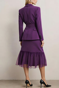 2 Piece Dark Purple A Line Notched Lapel Midi Business Suits with Sash