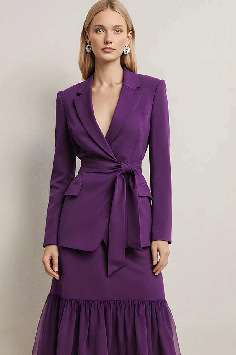 Load image into Gallery viewer, 2 Piece Dark Purple A Line Notched Lapel Midi Business Suits with Sash