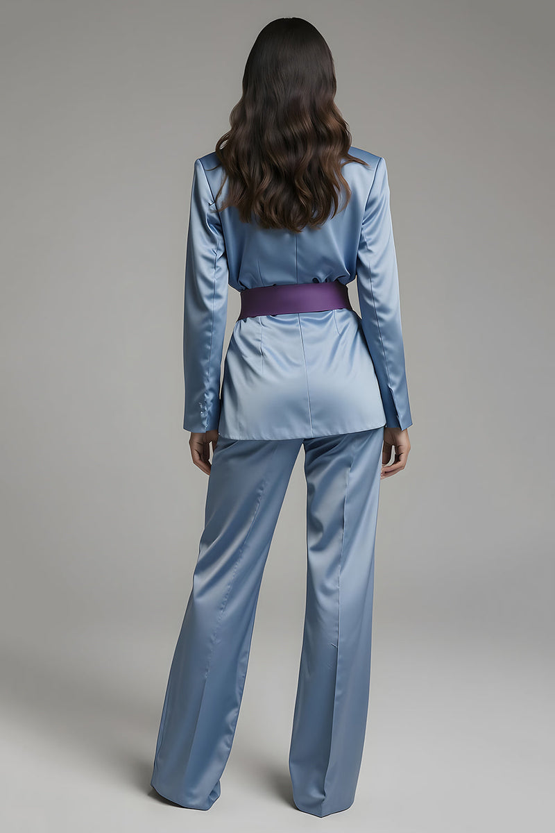 Load image into Gallery viewer, 2 Piece Grey Blue Notched Lapel Long Sleeves Business Suits with Belt