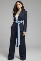 Load image into Gallery viewer, 2 Piece Navy Notched Lapel Bow Long Sleeves Business Suits with Sash