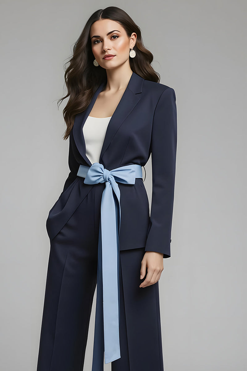 Load image into Gallery viewer, 2 Piece Navy Notched Lapel Bow Long Sleeves Business Suits with Sash