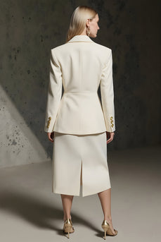 Ivory 2 Piece Double Breasted Pencil Midi Business Suits with Slit