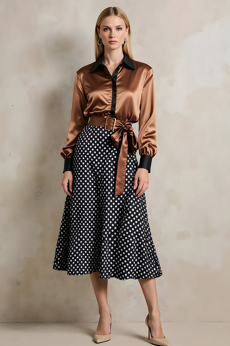 Load image into Gallery viewer, Brown Black Dots Satin A Line 2 Piece Collar Neck Midi Workwear with Belt
