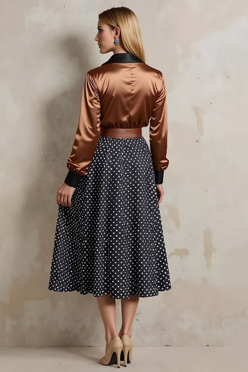 Load image into Gallery viewer, Brown Black Dots Satin A Line 2 Piece Collar Neck Midi Workwear with Belt