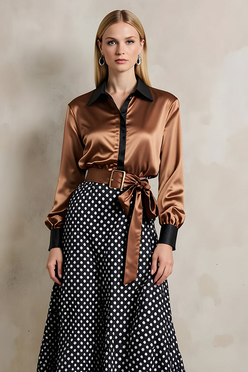 Load image into Gallery viewer, Brown Black Dots Satin A Line 2 Piece Collar Neck Midi Workwear with Belt