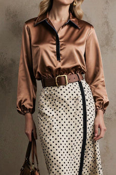 2 Piece Brown White Dots Pencil Collar Neck Midi Workwear with Belt