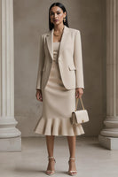 Load image into Gallery viewer, Queendancer Women 2 Piece Champagne Mermaid Midi Business Suits with Ruffles Long Sleeves Satin Notched Lapel Work Dress