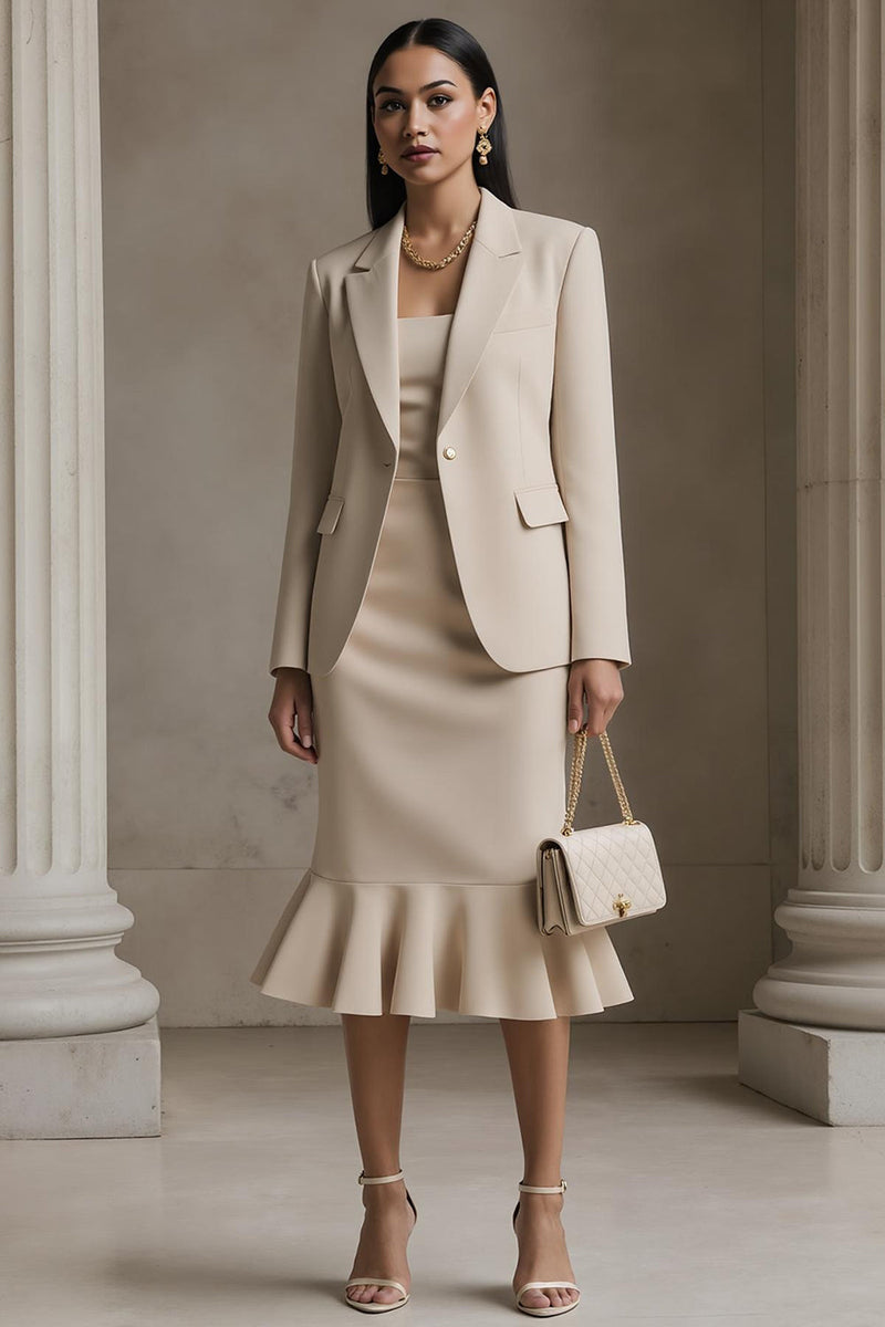 Load image into Gallery viewer, Queendancer Women 2 Piece Champagne Mermaid Midi Business Suits with Ruffles Long Sleeves Satin Notched Lapel Work Dress