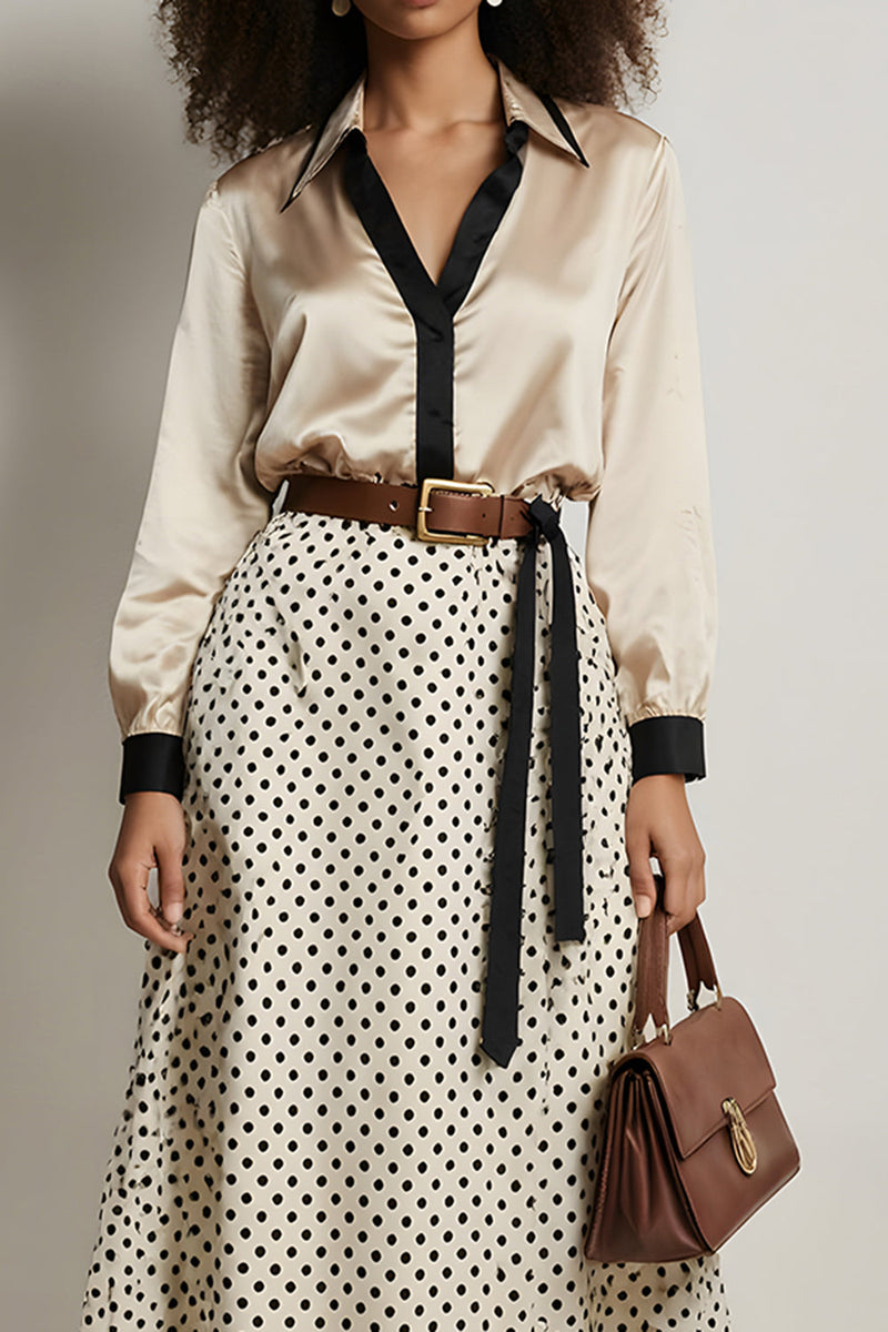 Load image into Gallery viewer, 2 Piece Champagne A-Line Satin Long Sleeves Midi Workwear