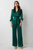 Load image into Gallery viewer, Dark Green V-Neck Satin Long Sleeves Business Jumpsuits with Sash