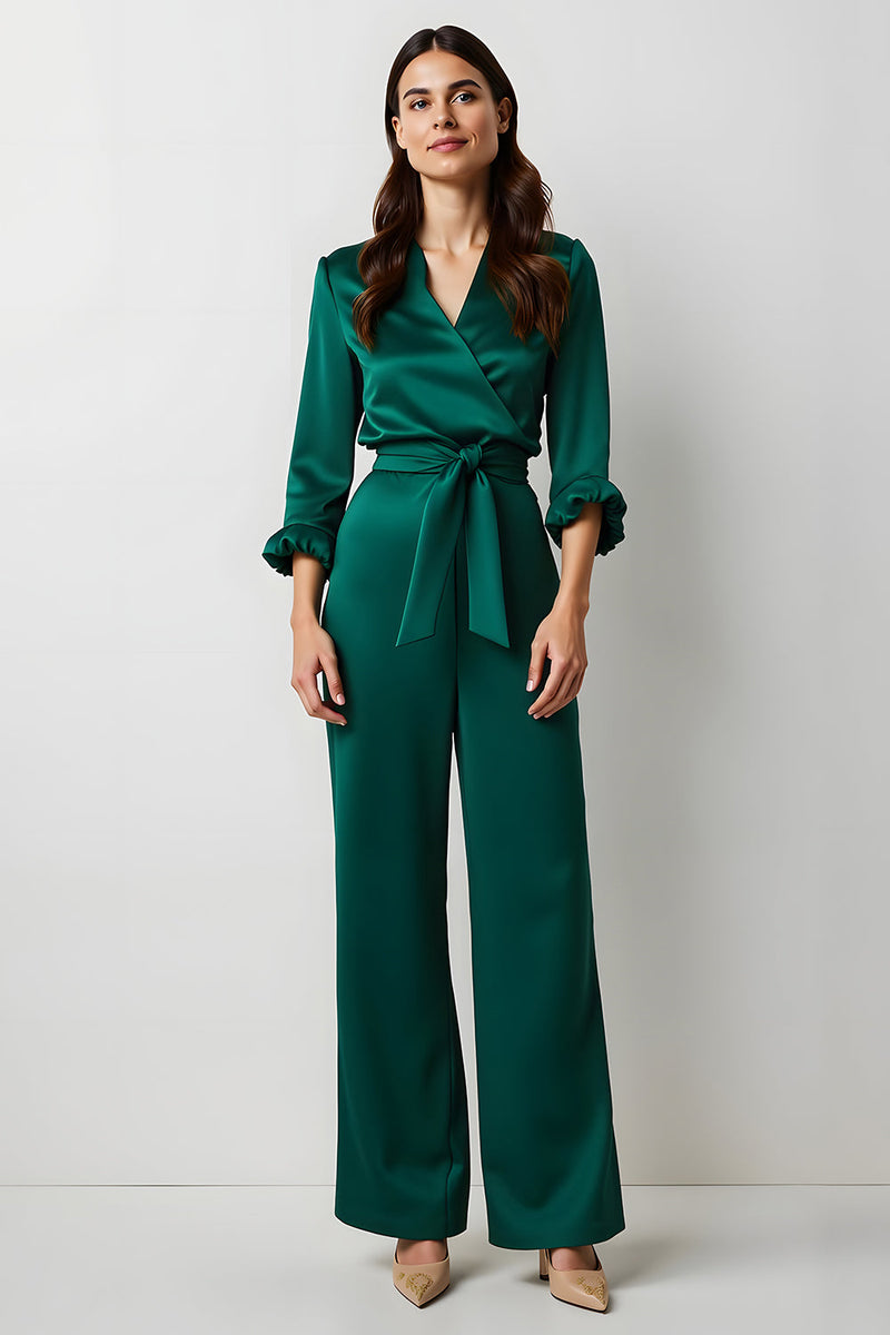 Load image into Gallery viewer, Dark Green V-Neck Satin Long Sleeves Business Jumpsuits with Sash