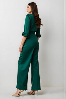 Dark Green V-Neck Satin Long Sleeves Business Jumpsuits with Sash