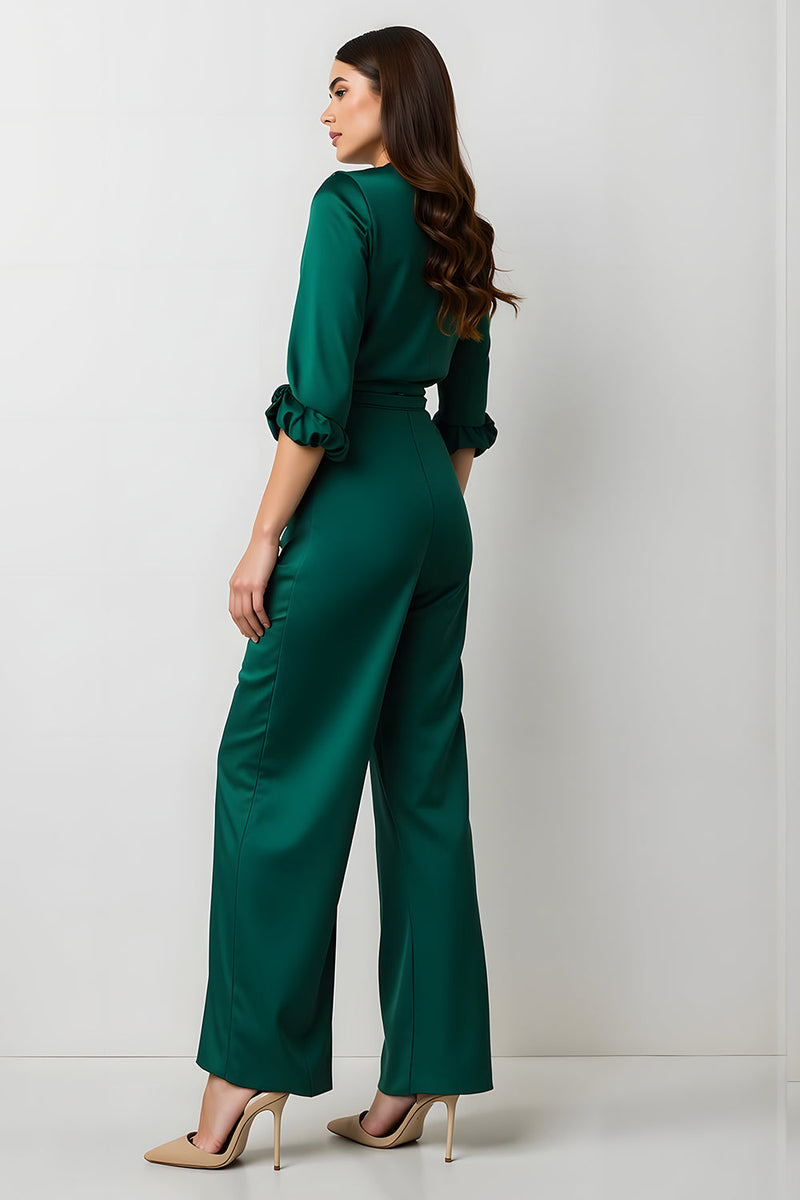 Load image into Gallery viewer, Dark Green V-Neck Satin Long Sleeves Business Jumpsuits with Sash