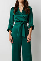 Load image into Gallery viewer, Dark Green V-Neck Satin Long Sleeves Business Jumpsuits with Sash