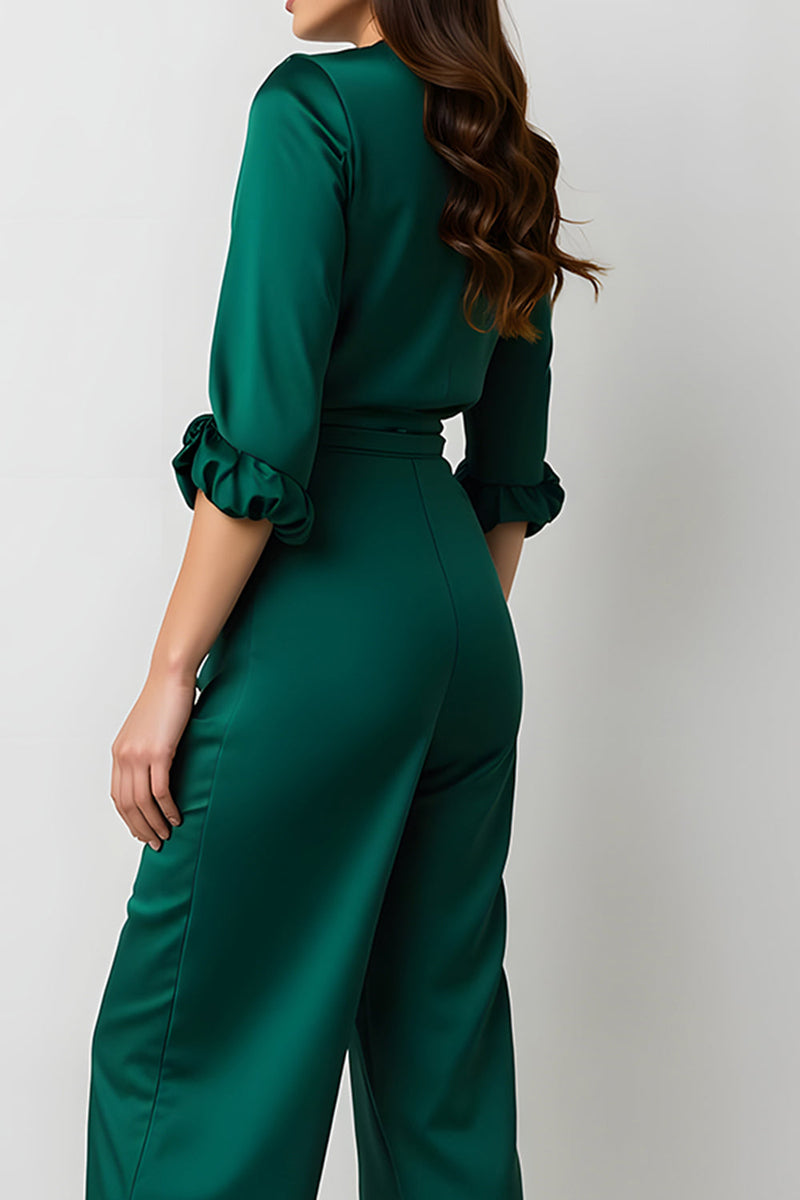 Load image into Gallery viewer, Dark Green V-Neck Satin Long Sleeves Business Jumpsuits with Sash