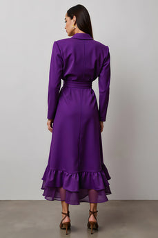 Dark Purple A Line Notched Lapel Long Sleeves Work Dress with Ruffles