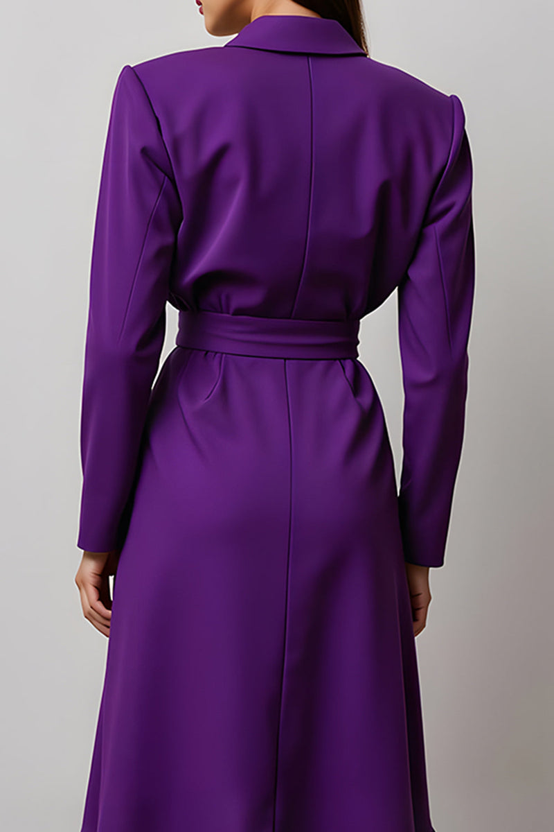 Load image into Gallery viewer, Dark Purple A Line Notched Lapel Long Sleeves Work Dress with Ruffles